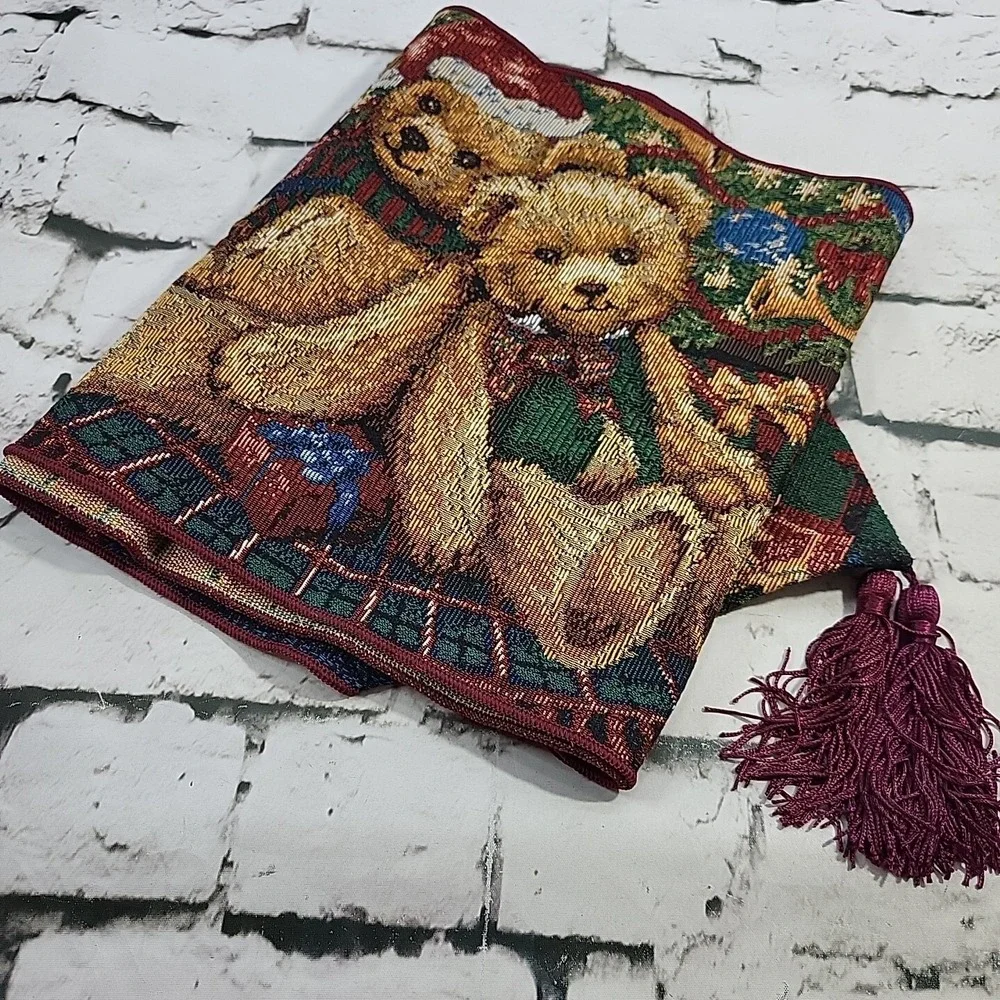 Holiday Table Runner‎ Christmas Presents Teddy Bears 2 Yards Long Woven Tassels